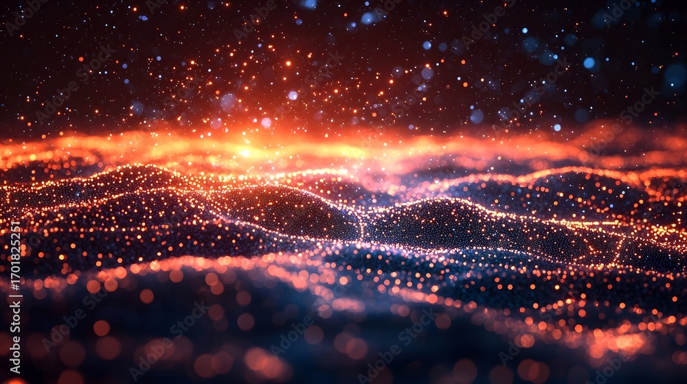 Poster abstract digital particles create glowing undulating waves and patterns evoking a futuristic network