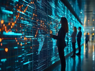 Business professionals analyze global data and network connections on a large interactive digital display