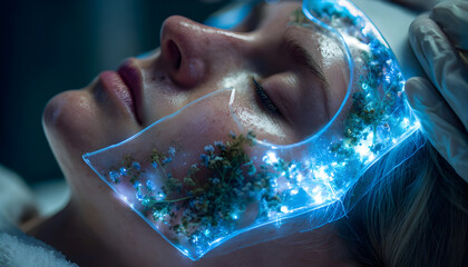A futuristic spa offers treatments using holographic masks derived from enchanted herbs, blending health food benefits with advanced skincare