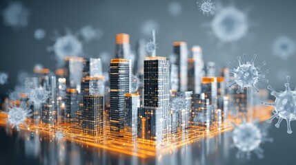 Conceptual Cityscape with Virus Particles: Illustrating Urban Pandemic, Health Crisis, and Global Impact