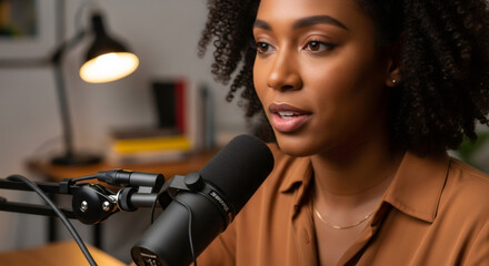 Young african american woman speaking into broadcast microphone. Podcaster recording podcast or broadcasting live stream from home studio.
