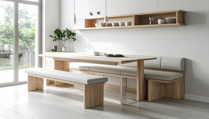 Slim wall-mounted fold-out dining set with concealed benches, perfect for compact living areas