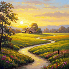 Oil Painting of a Countryside Landscape at Sunset