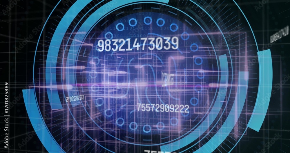 Poster rotating hud interface within dark grid space, displaying numeric sequences and binary digits