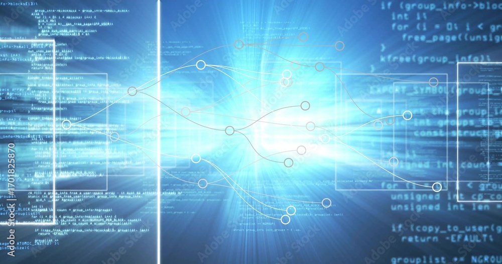 Aufkleber displaying glowing network map flowing in cyberspace, with data nodes, neon lines, code windows