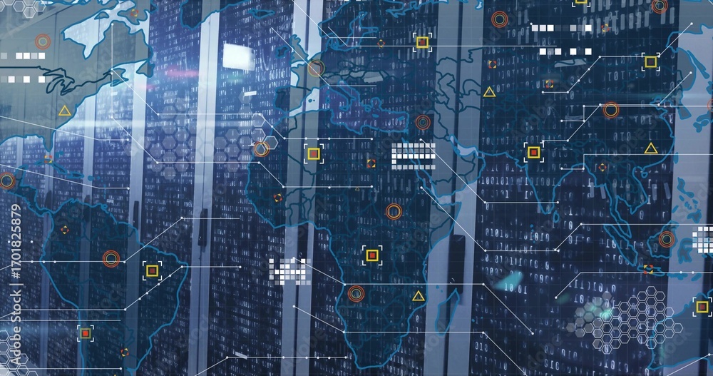 Poster displaying server racks with blinking leds in data center aisle, with digital world map overlay