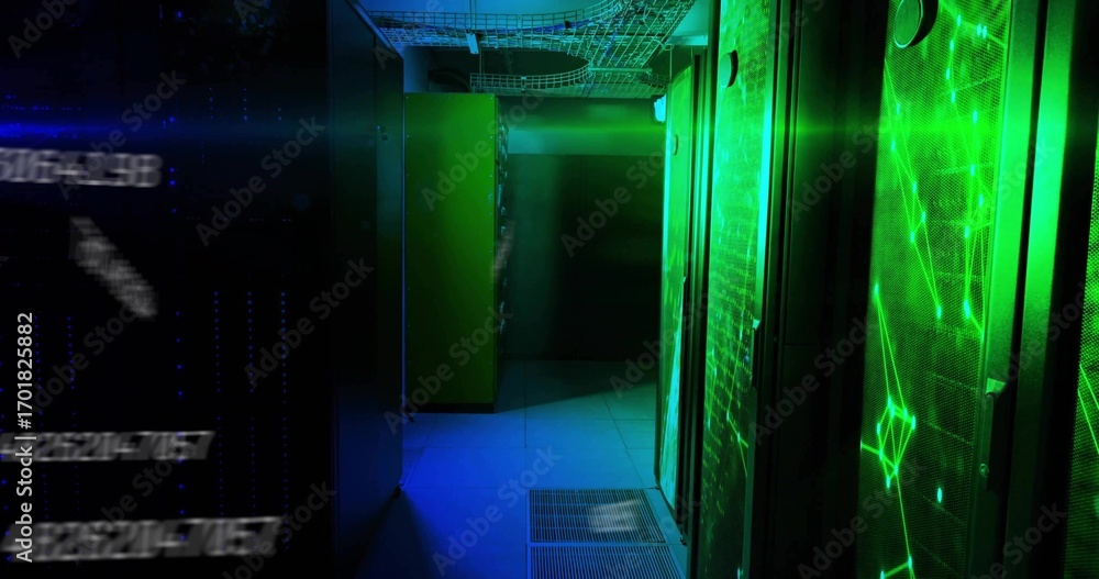 Poster highlighting server rack showing green led mesh panels in server corridor, featuring cabling trays