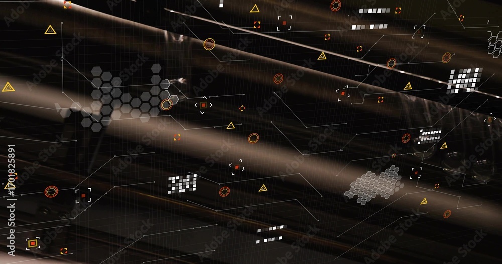 Aufkleber displaying ui cutting beams in virtual space, with hex clusters, grid blocks, reticles and lines