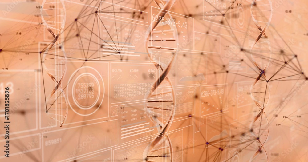 Aufkleber rotating central dna double helix in dashboard with node mesh, translucent data panels and charts