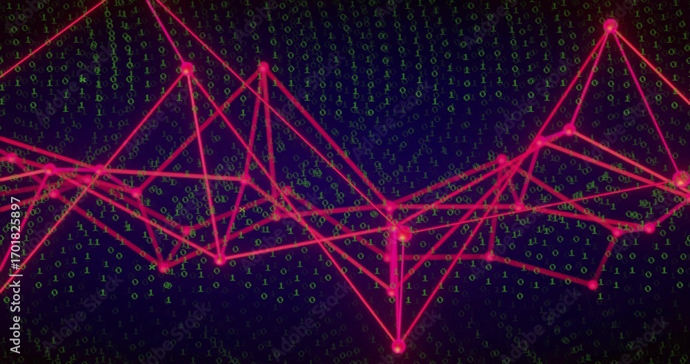 Poster glowing red-pink network of nodes and lines floating over navy data space, with green binary digits