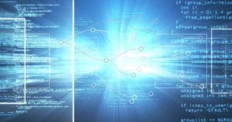 Displaying glowing network map flowing in cyberspace, with data nodes, neon lines, code windows