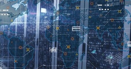 Displaying server racks with blinking LEDs in data center aisle, with digital world map overlay