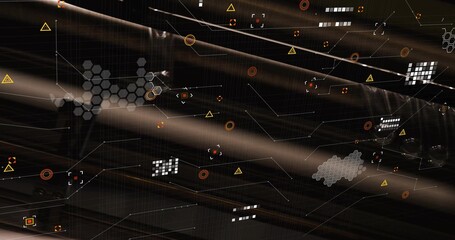 Displaying UI cutting beams in virtual space, with hex clusters, grid blocks, reticles and lines