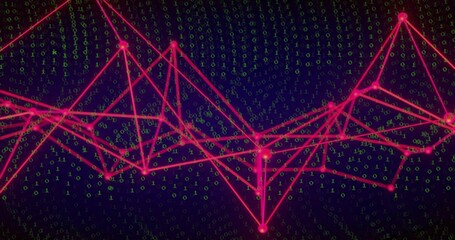 Glowing red-pink network of nodes and lines floating over navy data space, with green binary digits