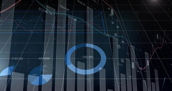 Featuring blue ring chart pulsing in virtual dashboard over 3D grid, with bar charts, line graphs