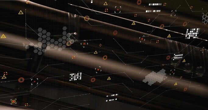 Displaying UI cutting beams in virtual space, with hex clusters, grid blocks, reticles and lines