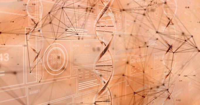 Rotating central DNA double helix in dashboard with node mesh, translucent data panels and charts