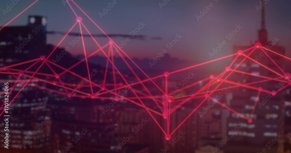 Poster spanning neon network graph connecting glowing nodes across urban skyline at dusk, with red lines