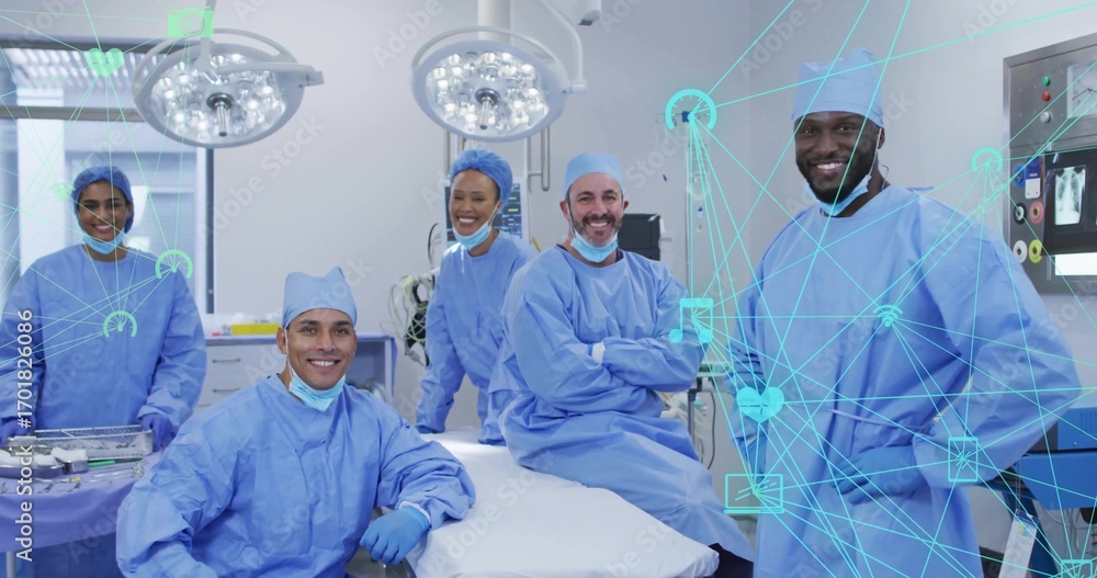 Poster standing surgical team in scrubs surveying operating table in or with trolley and data overlay