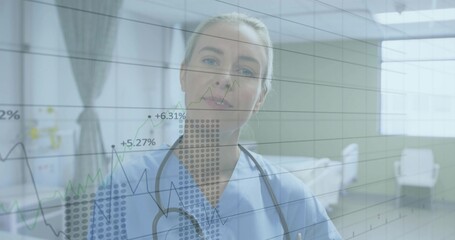 Analyzing female doctor reading rising percentages in exam room, with stethoscope and chart overlay