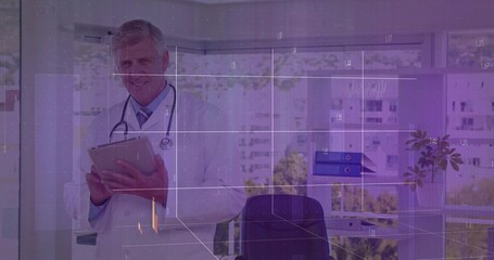 Holding tablet computer senior doctor wearing stethoscope in clinic with grid overlay, copy space
