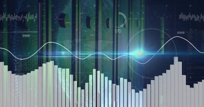 Displaying bar charts rising on data panel, with waveform, glowing flare, grid overlay, year labels