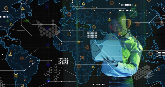 Analyzing man in shirt exploring digital world map overlay at control room, with laptop, copy space