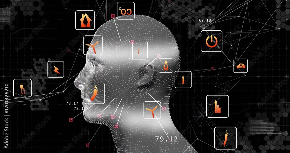 Poster visualizing 3d dotted head displaying energy data icons on digital dashboard with numeric overlays