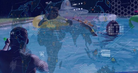 Splashing group of five friends in swimwear floating in backyard pool, with tubes and data overlays