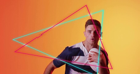 Athlete wearing striped jersey holding white oval ball in studio, with neon pink and cyan outlines