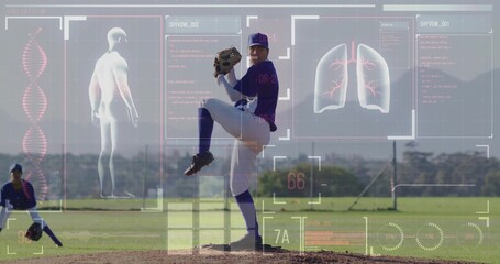 Winding up baseball pitcher pitching from mound, under HUD overlay with catcher squatting