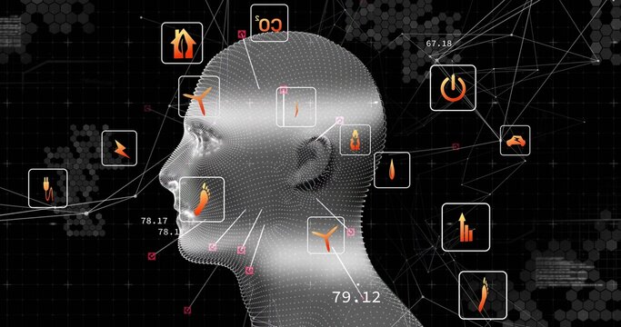 Visualizing 3D dotted head displaying energy data icons on digital dashboard with numeric overlays