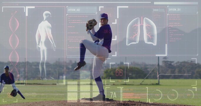 Winding up baseball pitcher pitching from mound, under HUD overlay with catcher squatting - Powered by Adobe