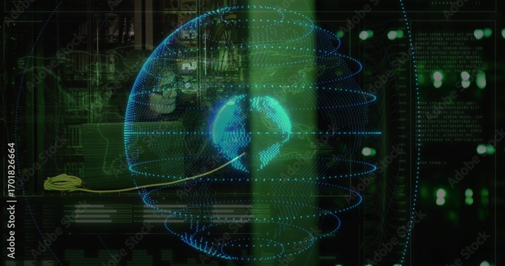 Poster floating holographic 3d globe displaying network rings in data center, with glowing data lines
