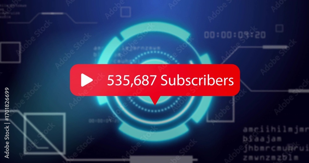 Aufkleber displaying interface on blue gradient, featuring red subscriber bubble with play icon and teal hud