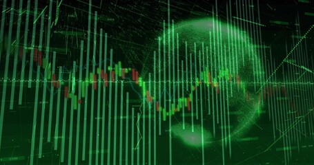 Chart displaying green bars and candlestick lines on trading dashboard, with glowing green sphere