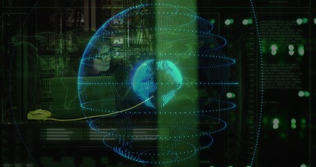 Floating holographic 3D globe displaying network rings in data center, with glowing data lines
