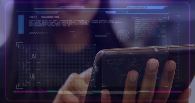 Holding smartphone, Hispanic woman wearing hoodie scanning holographic interface in tech workspace - Powered by Adobe