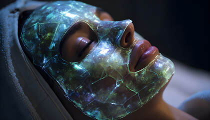 A futuristic spa offers treatments using holographic masks derived from enchanted herbs, blending health food benefits with advanced skincare