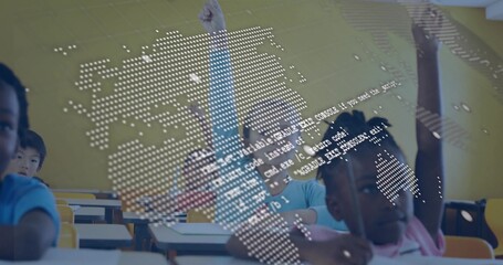 Raising hands, elementary kids in polo shirts learning coding at school desks with map projection © vectorfusionart
