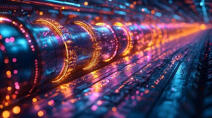 A futuristic digital pipeline glowing with energy symbolizing data flow and technological connectivity in a modern network