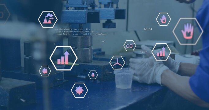 Operating technician handling metal sample, plastic cup in lab, with press and data overlays