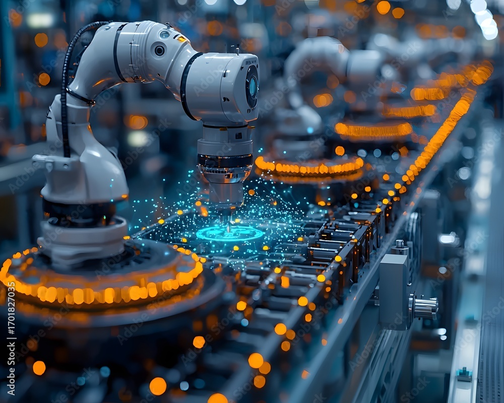 Poster automated robotic arms working on a futuristic industrial assembly line with digital sparks