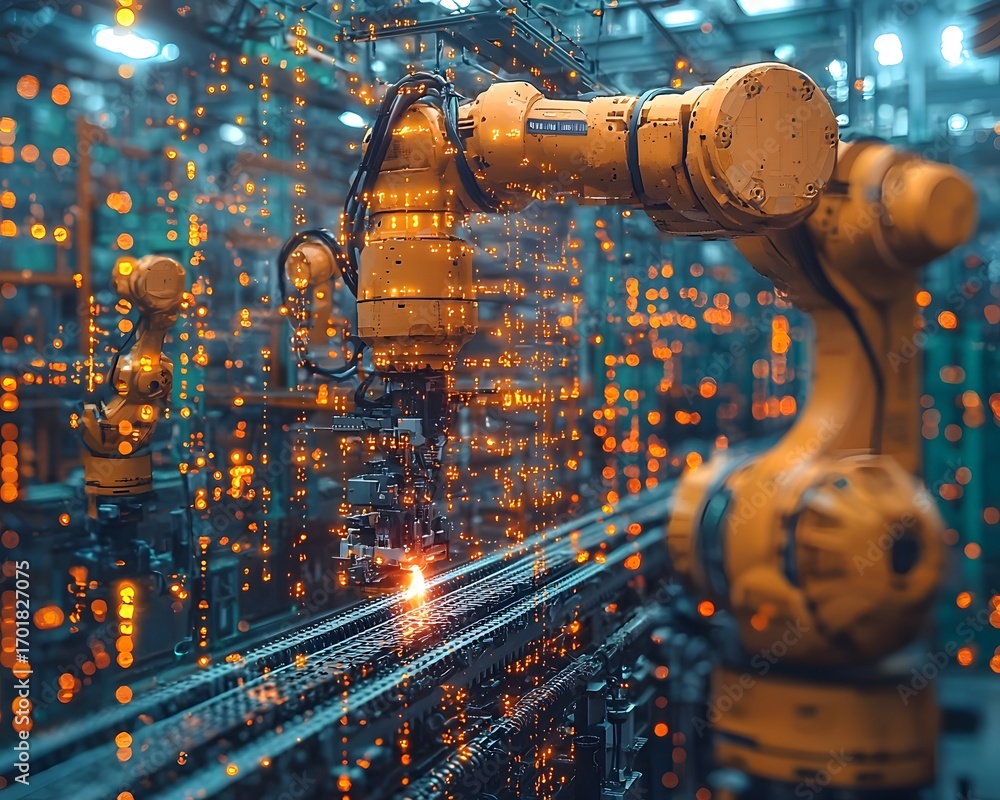 Poster automated industrial robots in a futuristic factory setting with glowing lights and sparks symbolizi