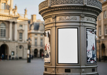 A blank poster mockup on a classic advertising column in a European city for a theater or an event