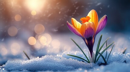 Spring - Crocus Flower Growth in Melted Snow with Abstract Background and Flare Effect