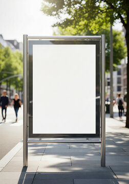 A clean blank poster mockup in a metal frame on a city advertising stand on a sidewalk
