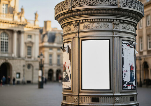 A blank poster mockup on a classic advertising column in a European city for a theater or an event
