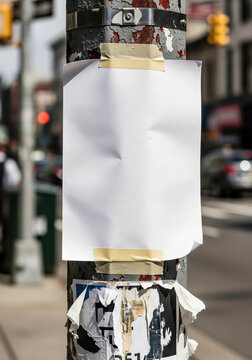 Small blank flyer mockup taped to a lamppost or utility pole on a busy city street