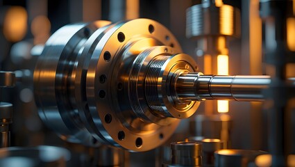 Naklejka premium Close up of shiny metal machinery with intricate details and warm lighting effect